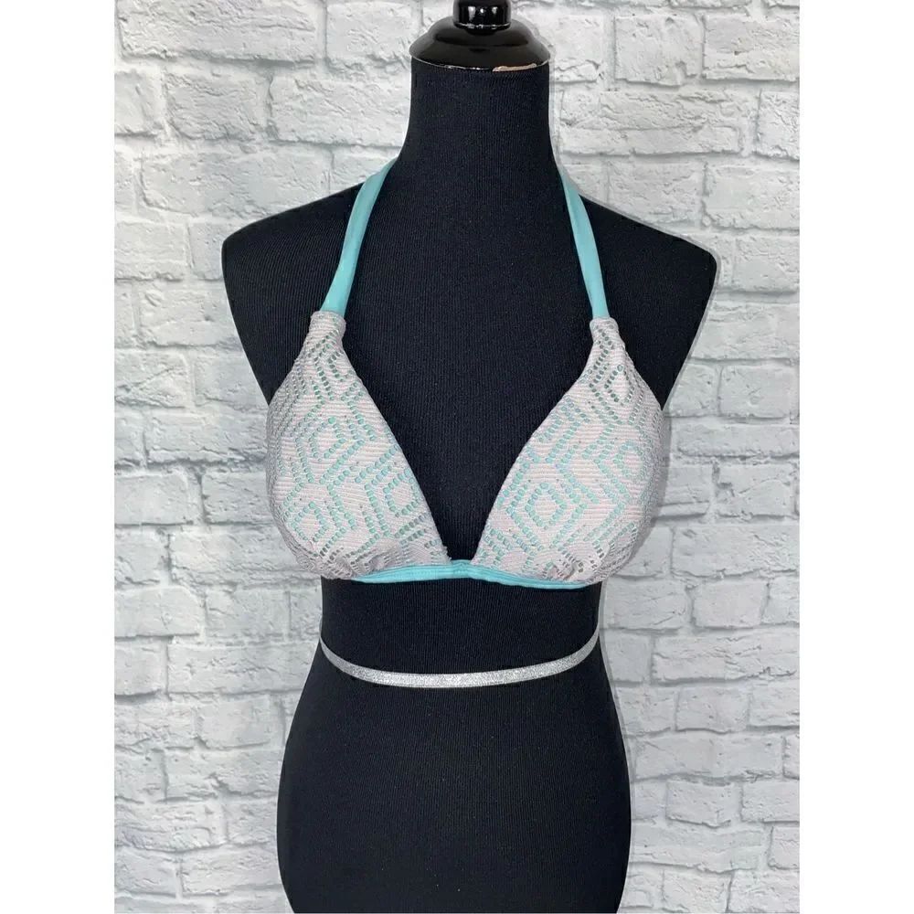 Hula Honey cut out halter tie bikini top light blue/grey w/shimmer sz L